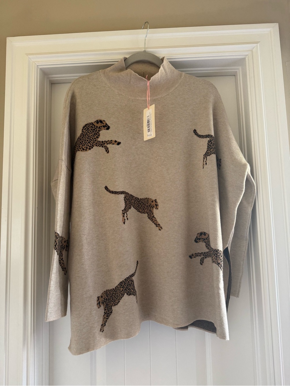 entro Beige Leopard Motif Mock Neck Sweater